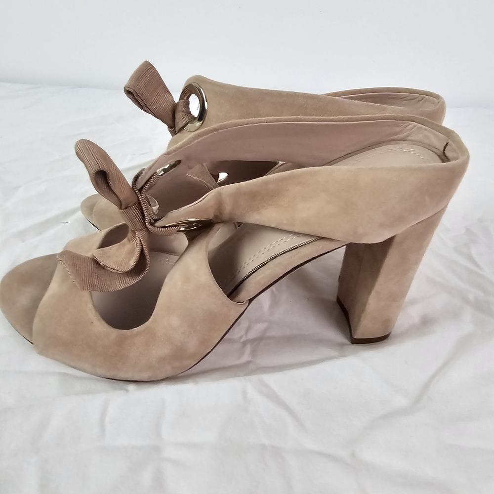 AD & Daughters Charlotta Blush Pink Suede Block Heels Ribbon Bow Sandals 6.5
